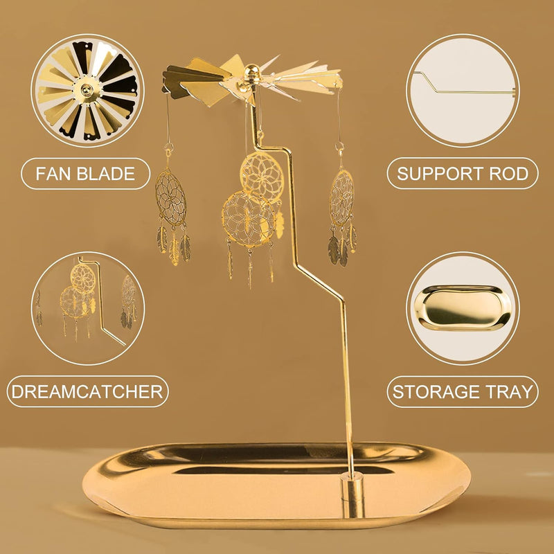 Creahaus Rotating Candle Holder with Tray, Gold Candle Spining Metal Holder for Christmas, Valentine's Day, Party Table Decor, Gift (Gold Carousel)