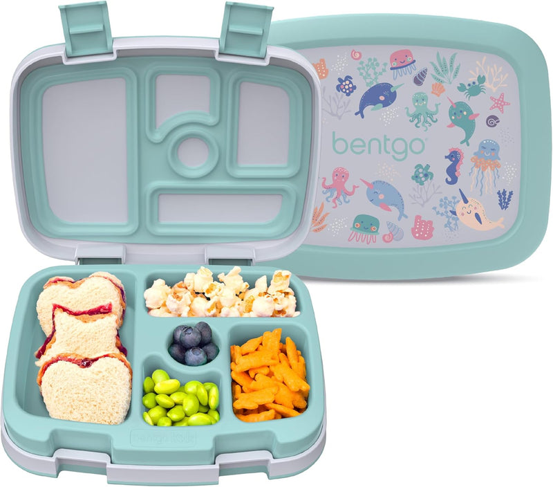 Bentgo Kids Prints Leak-Proof, 5-Compartment Bento-Style Kids Lunch Box - Ideal Portion Sizes for Ages 3 to 7 - BPA-Free, Dishwasher Safe, Food-Safe Materials (Dino Fossils) - Sea Life
