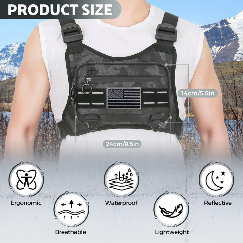 Sports Chest Bag For Men, Water Resistant Lightweight Front Chest Pack, Running Vest Bag With Built-In Phone Holder & Extra Storage For Workouts, Running, Cycling, Camo, Western