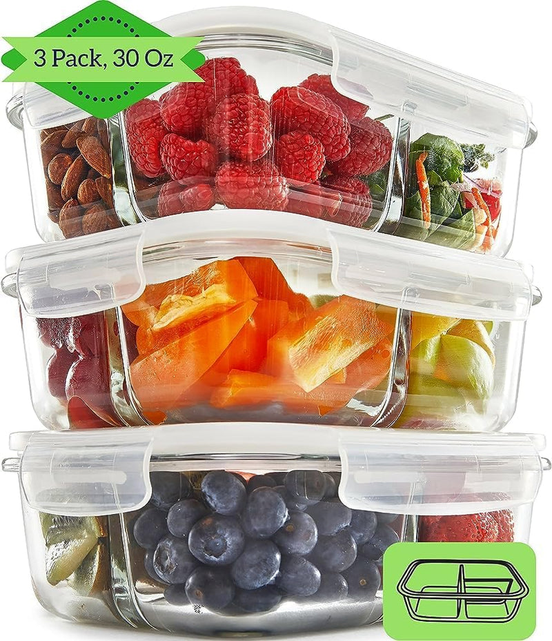 Glass Food Storage Containers with 3 Compartments and Lids 3-Pack, 950ml - Glass Containers, Glass Meal Prep Containers, Glass Food Box, Snack Boxes, Bento Lunch Box, Airtight Food Storage