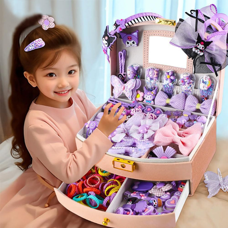 Hair Accessories for Girls, Purple Kuromi Hair Accessories Set including Hair Clips, Hair Ties, Hair Barrettes and Bows with Storage Box, Hair Accessories Gift Box for Kids Age 3-10 (KLM-03)
