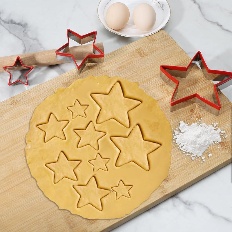 3-Piece Star Cookie Cutter Set - Stainless Steel Holiday Baking Tools with Red Silicone Grip for Christmas Cookies & Crafts