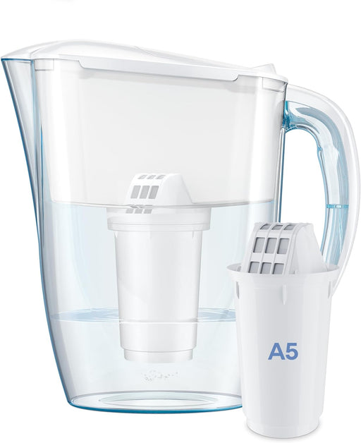 AQUAPHOR Water Filter Jug Smile, Space-saving, Lightweight Fridge door fit 2.9L Capacity 1 X A5 350L Filter Included Reduces Limescale Chlorine & Microplastics, White - With A5 Cartridge White