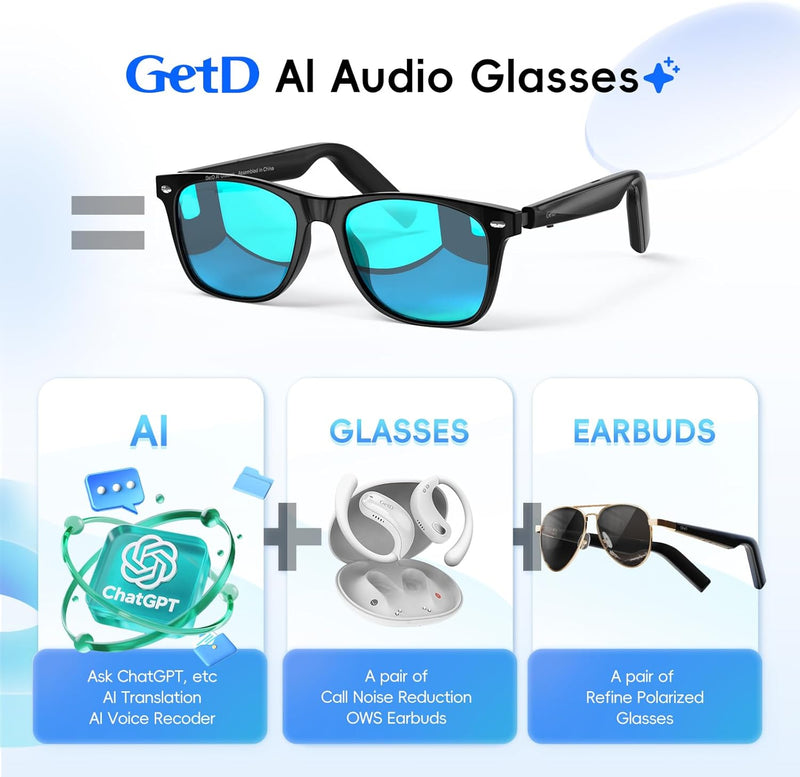 GetD AI Glasses, AI Assistant Powered by ChatGPT, Smart Glasses, Polarised Sunglasses, Bluetooth Smart Sunglasses for Men and Women, 2-in-1 Headphones and Glasses