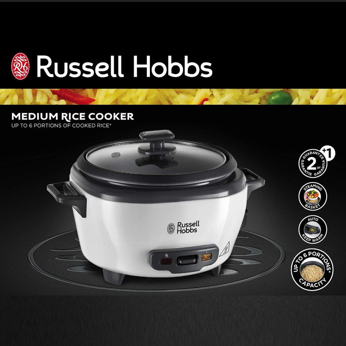 Russell Hobbs (27040GCC) Medium Rice Cooker & Steamer - 2L, Versatile Cooking, Keep Warm, Non-Stick, Glass Lid, White, 500W - 1-Year Warranty