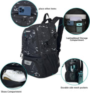 GRANDUP Basketball backpack with ball and shoes compartment Fit Volleyball, soccer, Swim, Gym, Travel, and School, large capacity sports training equipment bags - black marble
