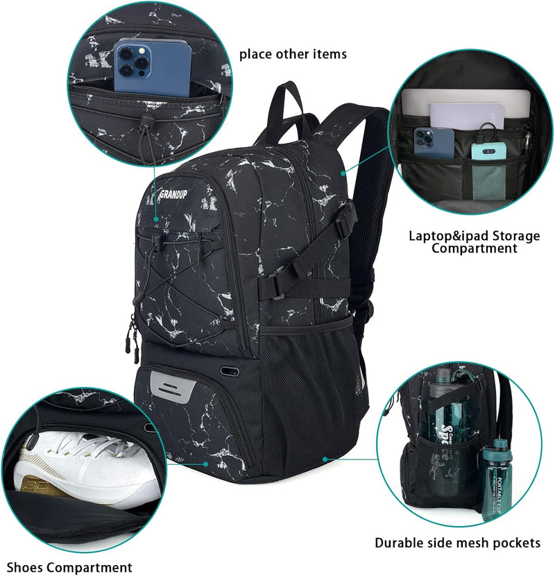 GRANDUP Basketball backpack with ball and shoes compartment Fit Volleyball, soccer, Swim, Gym, Travel, and School, large capacity sports training equipment bags - black marble