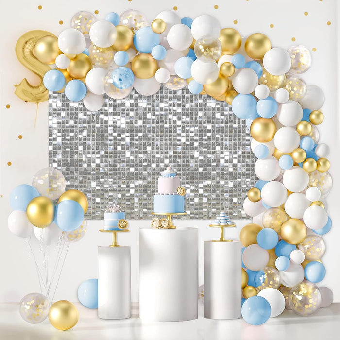 LuoluoHouse Shimmer Wall Panel Sequin Backdrop Panels 12 Packs-Iridescent Silver Backdrop for Graduation Anniversary Backdrop Wall Backdrops Engagement Decoration