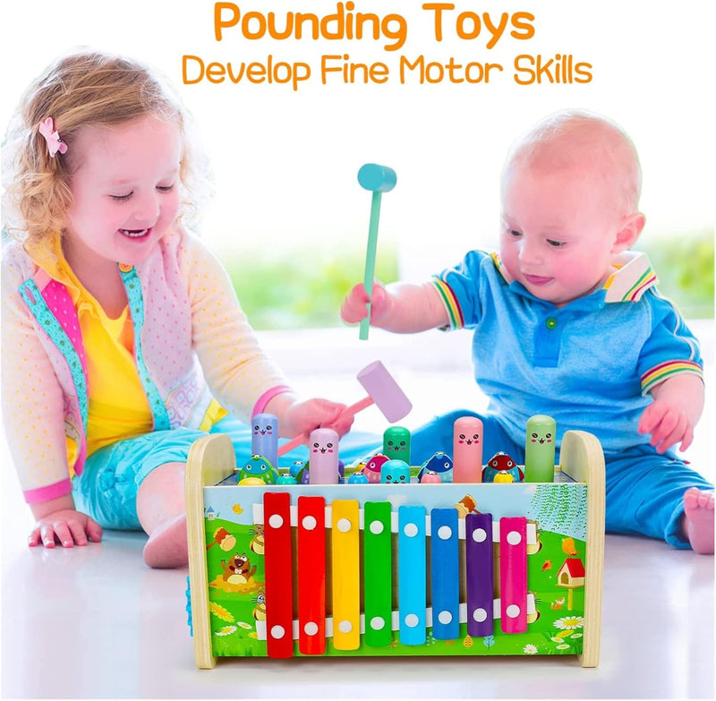 AM ANNA 7 in 1 Hammering Pounding Toys, Wooden Montessori Educational Fishing Game Xylophone Toys for 1 2 3 Year Old, Baby Sensory Developmental Fine Motor Skills Toddler Activities Age 1-4 Gifts