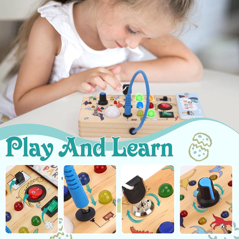 Hoarosall Montessori toys Clock Wooden Busy Board with 11 LED Light switches, Tooddler Toys Sensory Toys Travel Toys for 1+ Year Old Baby and Toddler