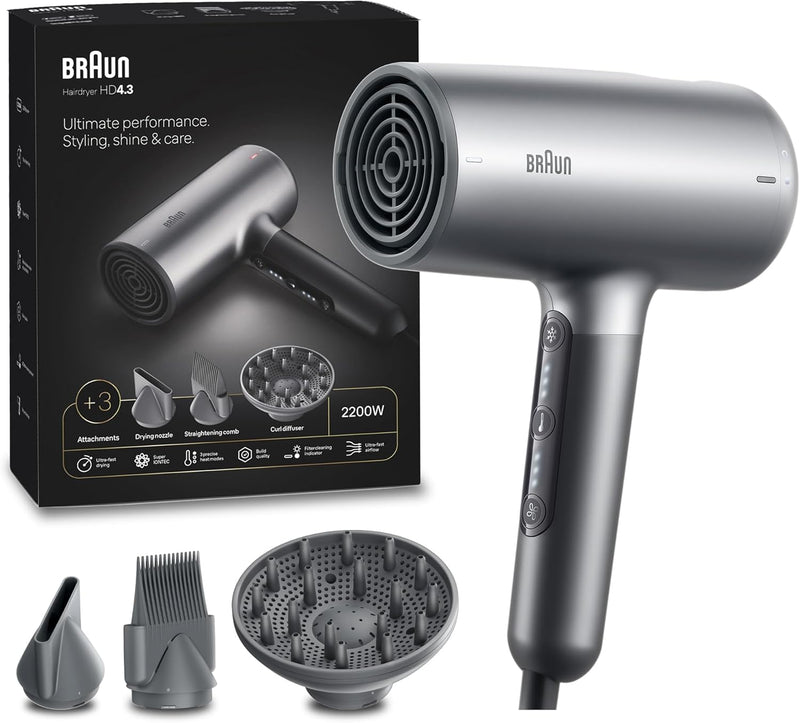 Braun Hair dryer HD4.3 Ultimate Performance, Styling, Shine & Care, HTDC Motor, 2200 Watts, Touch Control, with Drying Nozzle, Straightening Comb, Curl Diffuser, BRHD435SDE - Electro Grey - HD4.3