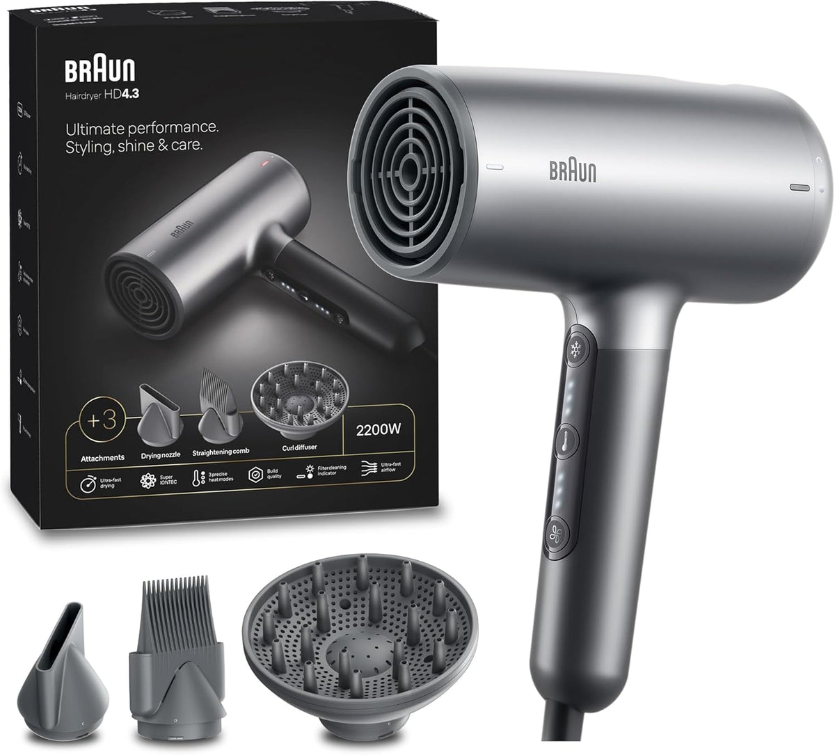 Braun Hair dryer HD4.2 Ultimate Performance, Shine & Care, HTDC Motor, 2100 Watts, Electronic Touch Control, with 2 Attachments Drying Nozzle, Curl Diffuser, BRHD425SDE - Electro Grey. – image 4