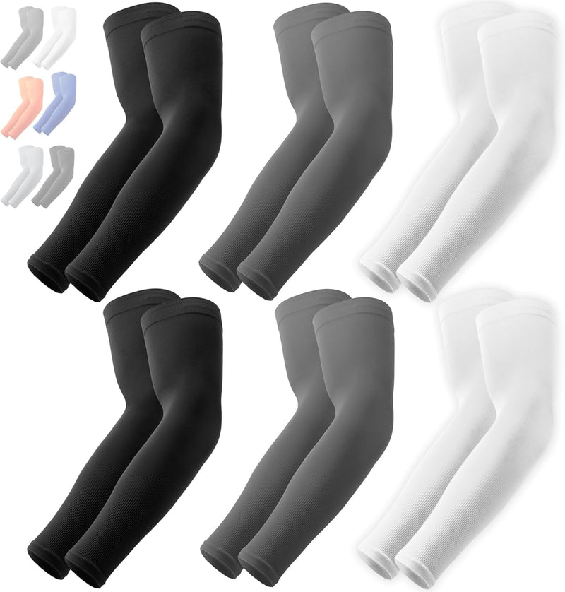 OutdoorEssentials UV Sun Protection Arm Sleeves - Compression Arm Sleeve, UV Arm Sleeves Men, Women - Golf Cooling Sleeves - 6 Pairs: 2 Pairs Black, 2 Pairs Dark Gray, 2 Pairs White