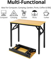 Folding Table Multi-Functional Portable Desk with Adjustable Height Legs Ideal for Computer, Camping, Garden, Picnic, Coffee & BBQ Wood Finish 80 x 40 x 75 cm