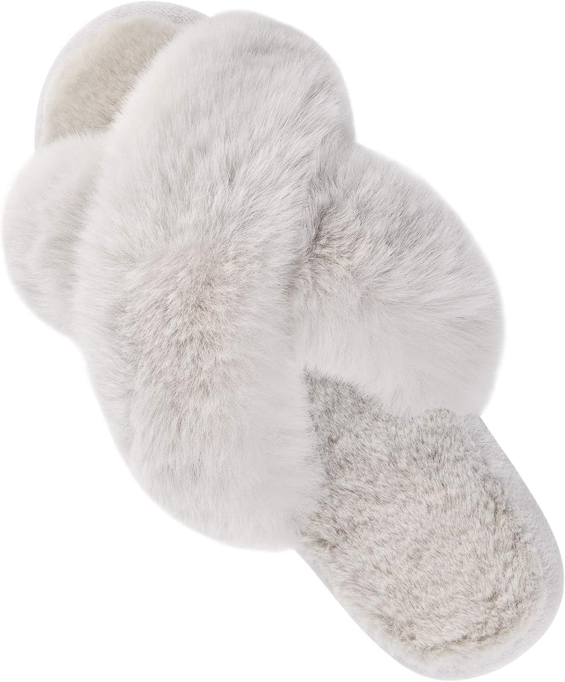 Women's Cross Band Slippers Soft Plush Furry Cozy Open Toe House Shoes Indoor Outdoor Faux Rabbit Fur Warm Comfy Slip On Breathable
