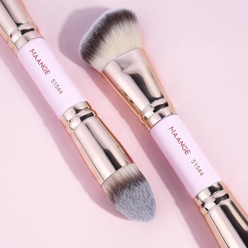 MAANGE Foundation Makeup Brushes, 2Pcs Premium Double-Ended Makeup Brush (Flat/Angled/Angled Round/Tapered Top) for Buffing Liquid, Cream, Powder, Blending Contour Face Brush(Black/Gold)