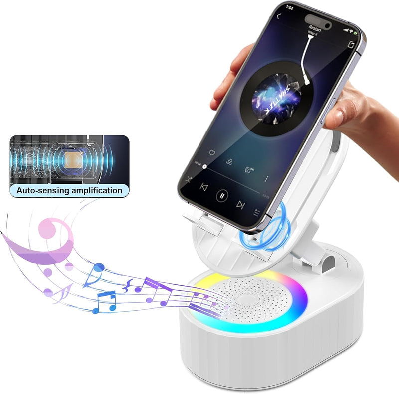Wireless Induction Audio Bluetooth Speaker 5in1 Phone Holder Portable Power Tablet Stand with Colorful Ambient Light for iPhone Android Unique Cool Gadget Tech Gifts for Friend, Family(Black) - White