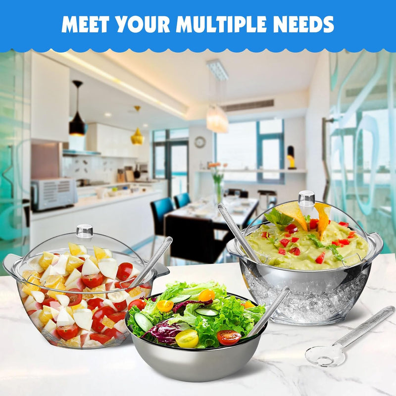 MEHOEIME Large Ice Chill Salad Bowl with Lid, Iced Serving Bowl with Ice Chiller Base For Parties, Keep Food Cold at Party, Ice Chilled Tray, Long Spoons, Extra, Clear