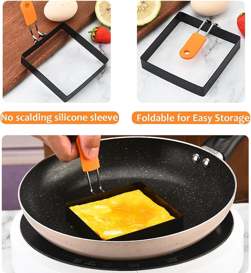 4 Inch Square Egg Rings with Foldable Silicone Handle, Non Stick Stainless Steel Egg Molds for Frying, Breakfast Sandwich Omelet Shaper for Pancakes & Muffins, 2 Pack