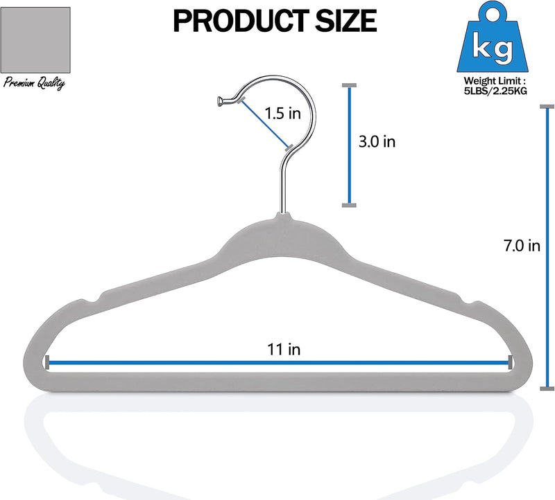 GVTECH Kids Hangers Velvet, [50 Pack] Children Cloth Durable Baby Hangers for Closet - Perfect Infant Toddler Kid Hanger for Everyday Use, Non Slip 360° Hooks for Shirt, Pant (50 Pack, Grey)