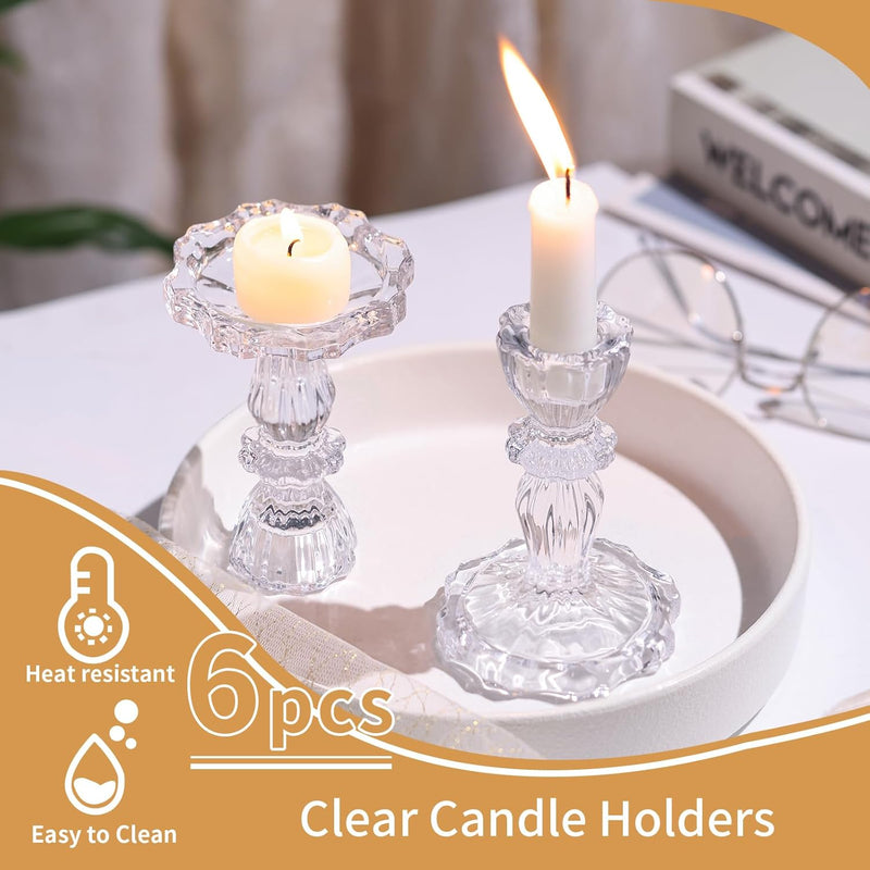 Simeitol Glass Candlestick Holders Bulk, 6PCS Crystal Taper Candle Holders Set, Gold Tall Candle Stick Holder Stand for DIY, Festival, Party, Table Decor