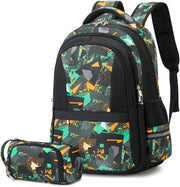 Jungen Schultasche Teenager Schulrucksack Jugendliche Rucksack Schule Daypacks Kinder Gro Schulranzen Wasserdicht - Green 2pcs