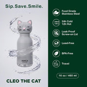 Kids Water Bottle 460ml Insulated Stainless Steel - AMICA STUDIO (Cleo Cat)