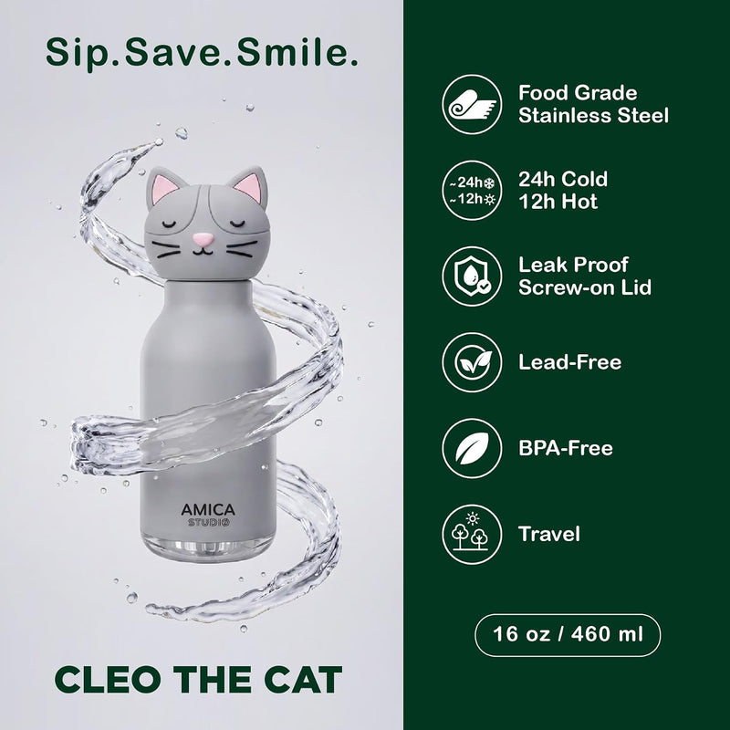 Kids Water Bottle 460ml Insulated Stainless Steel - AMICA STUDIO (Cleo Cat)