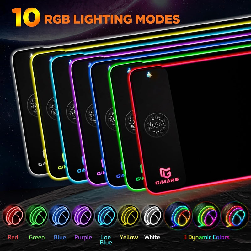 Gimars Upgrade RGB Mouse Pad with 15W Fast Wireless Charging, Extened Large LED Gaming Mouse Pad with 10 Colors LED Light, Premium Smooth Surface, Non Slip Mouse Mat for Gaming, Desks, PC, Office - Black-RGB+Wireles Charging
