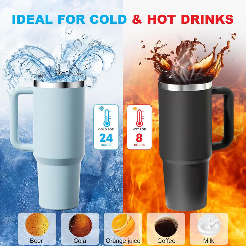 YHKEMA 40oz Stainless Steel Tumbler with Handle & Straw - Double Walled Insulated Travel Mug, Tritan Lid Coffee Cup for Hot/Iced Drinks, Office Gym Water Bottle (1200ml) (Light Blue)