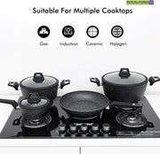 Royalford Chef Art Aluminium Cookware Set, 7 Pieces, Black, RF9557, Scratch Resistant, Tempered Glass Lids, 2.5MM Body Thickness, Bakelite Knobs, and CD Bottom
