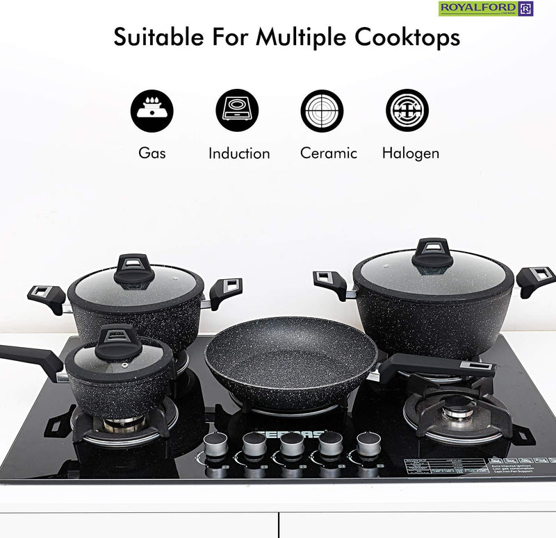 Royalford Chef Art Aluminium Cookware Set, 7 Pieces, Black, RF9557, Scratch Resistant, Tempered Glass Lids, 2.5MM Body Thickness, Bakelite Knobs, and CD Bottom