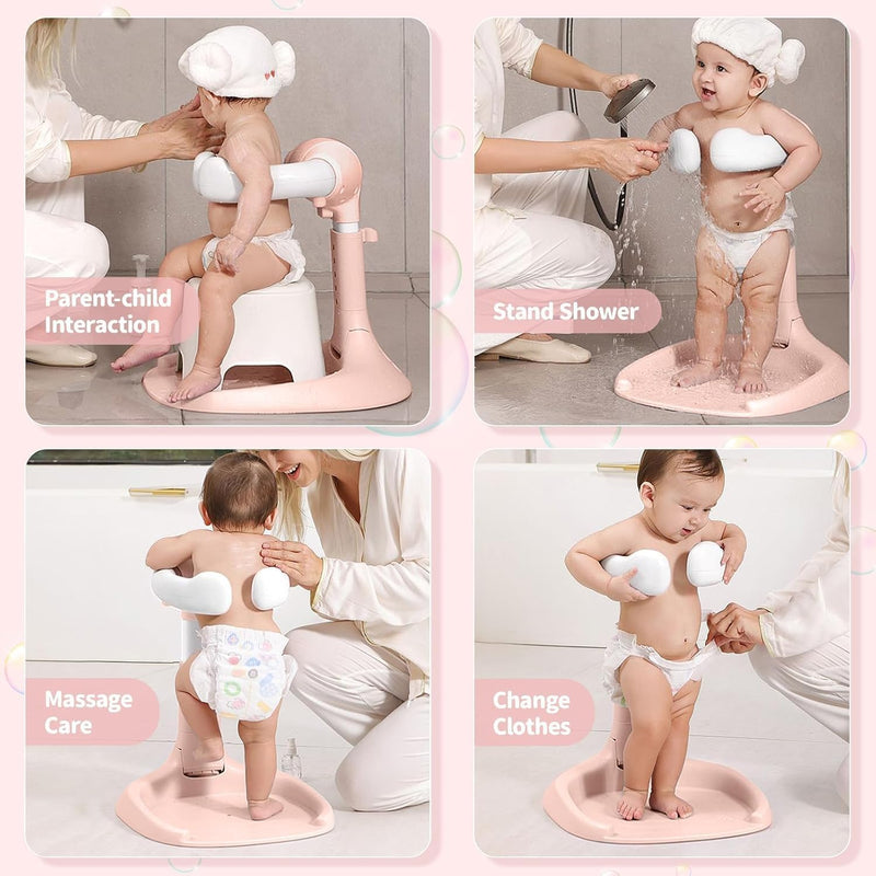 MOMENT Adjustable Baby Shower Stand, Baby Bath Stand, Baby Shower Standing Support with Adjustable Height and Safety Handle, Foldable and Compact Baby Bathtub with Stand (PINK)