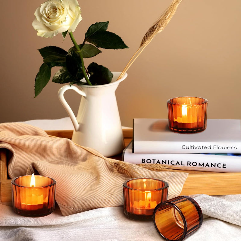 SKYLINK 12 Pack Amber Glass Votive Candle Holders, Thick Ribbed Glass Tealight Holders for Weddings, Home Décor, Parties, Spa, Table Centerpieces