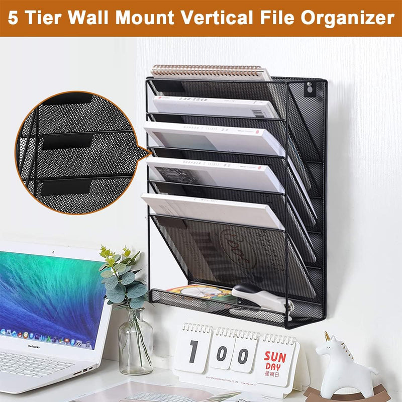 Wall File Organizer 5 Tier Metal Mesh Wall File Holder, Vertical Magazine Rack with Bottom Flat Tray Pockets Nametag Label, Office Hanging Folder Paper Document Storage Mail Sorter Bin for Home School