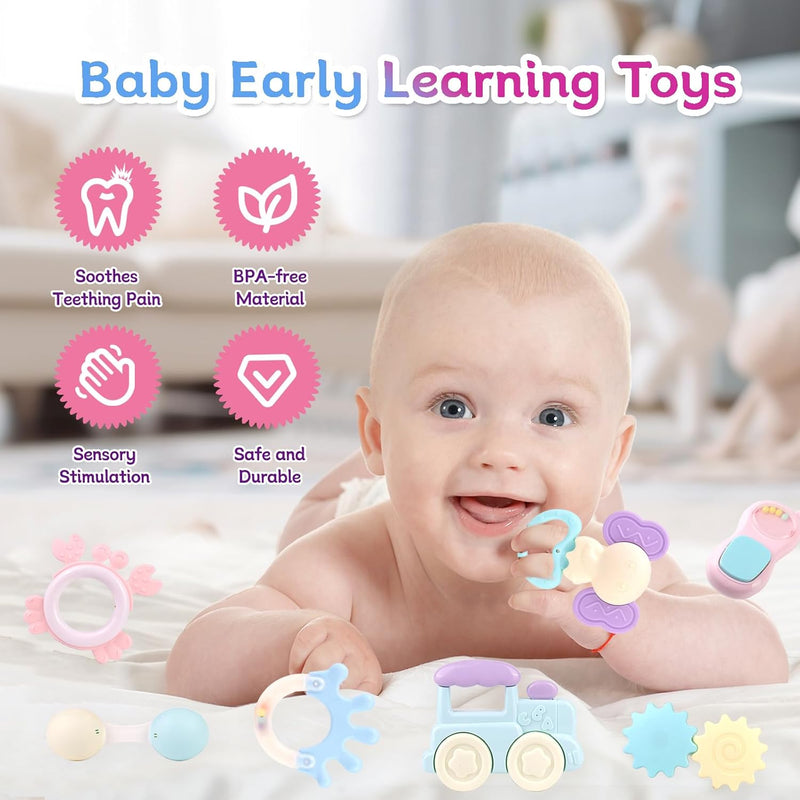 Baby Teether Toy Rattle for Baby Toys 0-12 Months Plus with Storage Box -14 Pcs BPA Free Soft Silicone Teething Toys Newborn Baby Sensory Toys Gifts 3 6 9 12 Months for Early Educational (14Pcs)