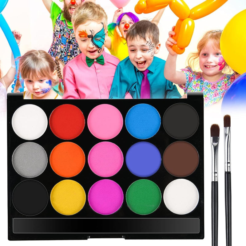 Mumoo Bear Face Paint Kit, 15 Color Face Painting Palette with 2 Brushes 32 Stencils, Washable Face Paints Safe Body Paint for Adults Kids Halloween Party Carnival, Makeup Paint Non-Toxic to Use