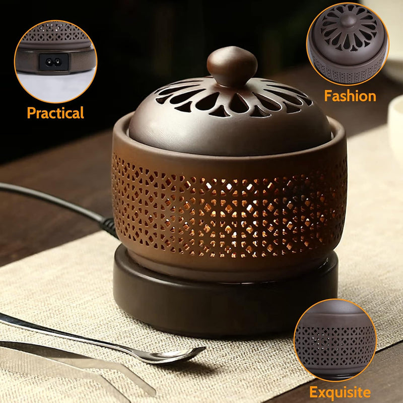 Ceramic Electric Incense Burner, Electronic Aroma Diffuser with Timing Temperature Adjustment and Cover, Resin Frankincense Burner, Used for Indoor Air Purification/Home Decoration/Meditation
