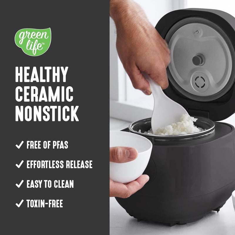 GreenLife Healthy Ceramic Nonstick 4-Cup Rice Oats and Grains Cooker, PFAS-Free, Dishwasher Safe Parts, Black