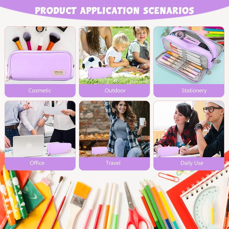 HASTHIP Large Capacity Pencil Case for Kids Girls Boys, 3 Compartments Pen Pouch Stationery Organizer Bag, Multi-Slot School Office Pencil Box for Teens Adults Women Men (Purple)