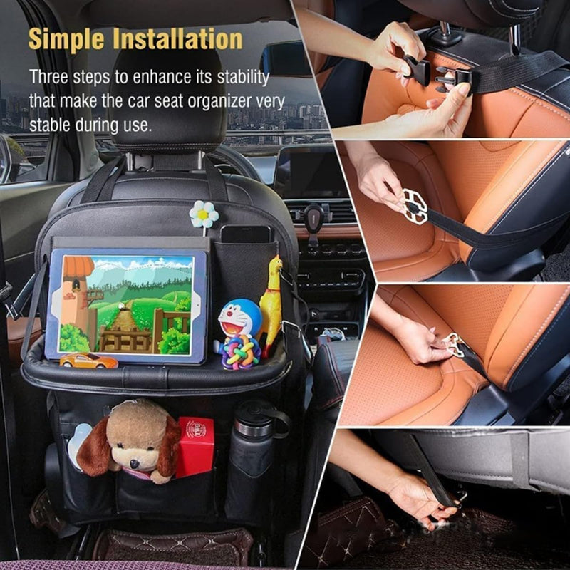 Car Backseat Organizer with Tablet Holder, Touch Screen Tablet Hanger Stand for Kids Toddlers and Storage, Cup Umbrella Tissue Holder, Kick Mats Protector Car Accessories Pack of 1 (Beige)