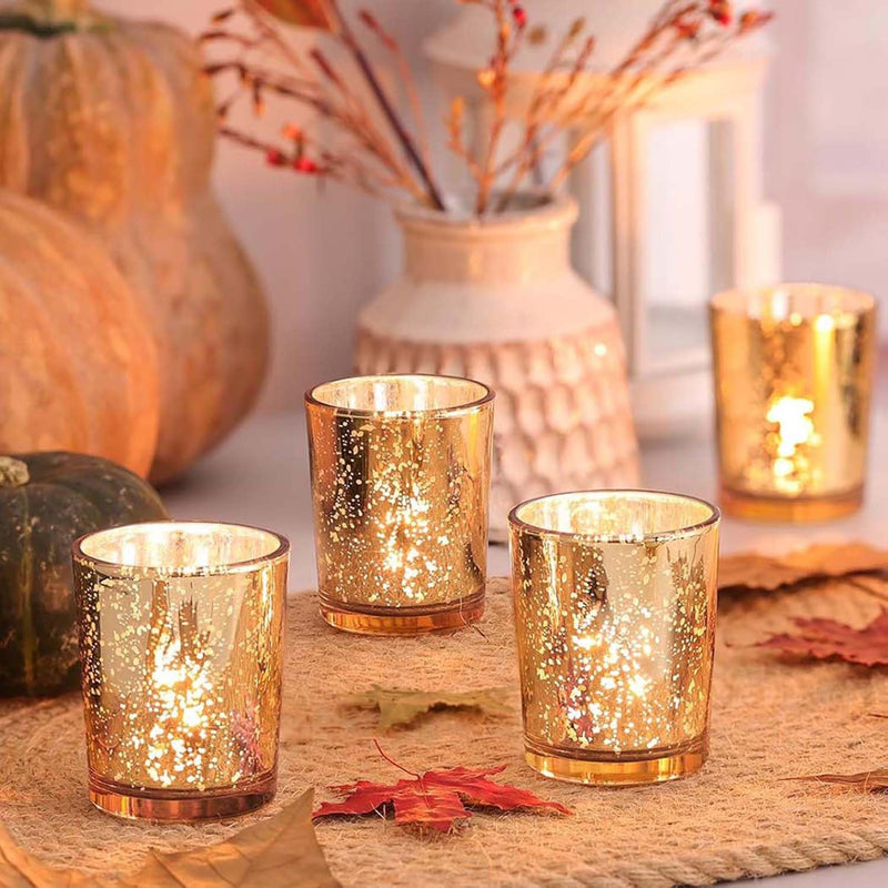 Tea Light Candle Holders, 12 Pack Glass Gold Tealight Holder, Gold Party Decorations, Tea Light Mercury Candle Holder Set for Wedding,Holiday,Home Decor, Valentine Party Ramadan/Eid Decorations