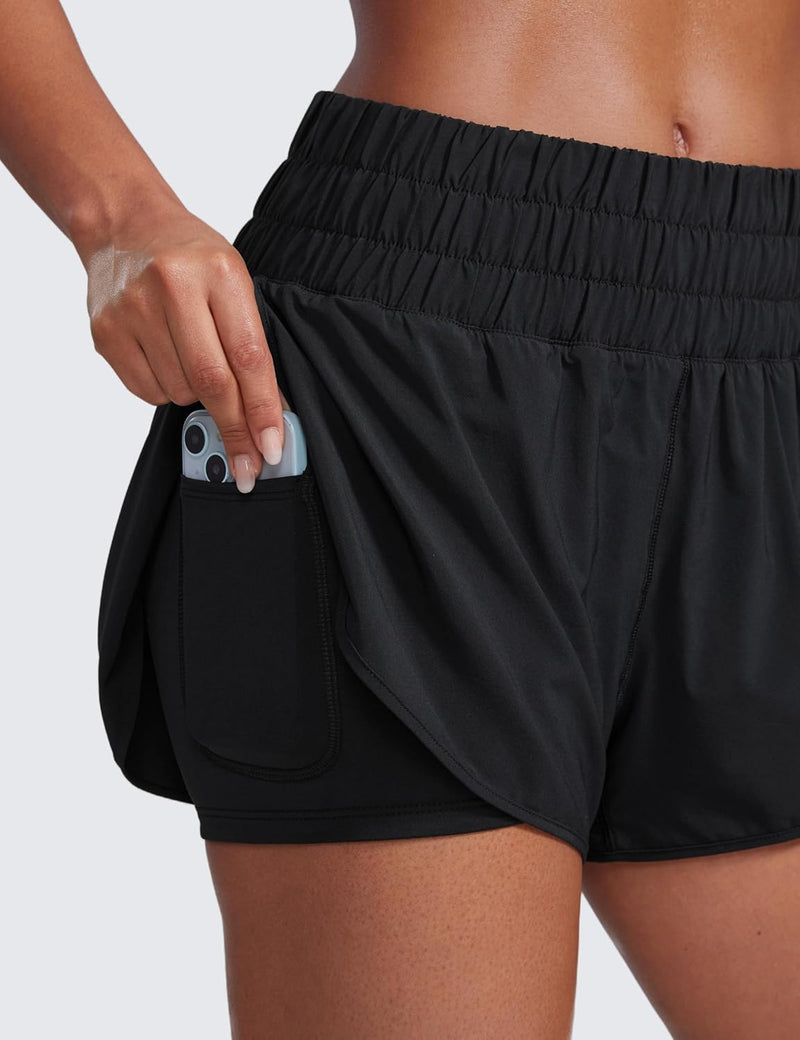 CRZ YOGA 2 in 1 High Waisted Running Shorts for Women 3" - Split Breathable Athletic Tennis Gym Workout Shorts with Pockets