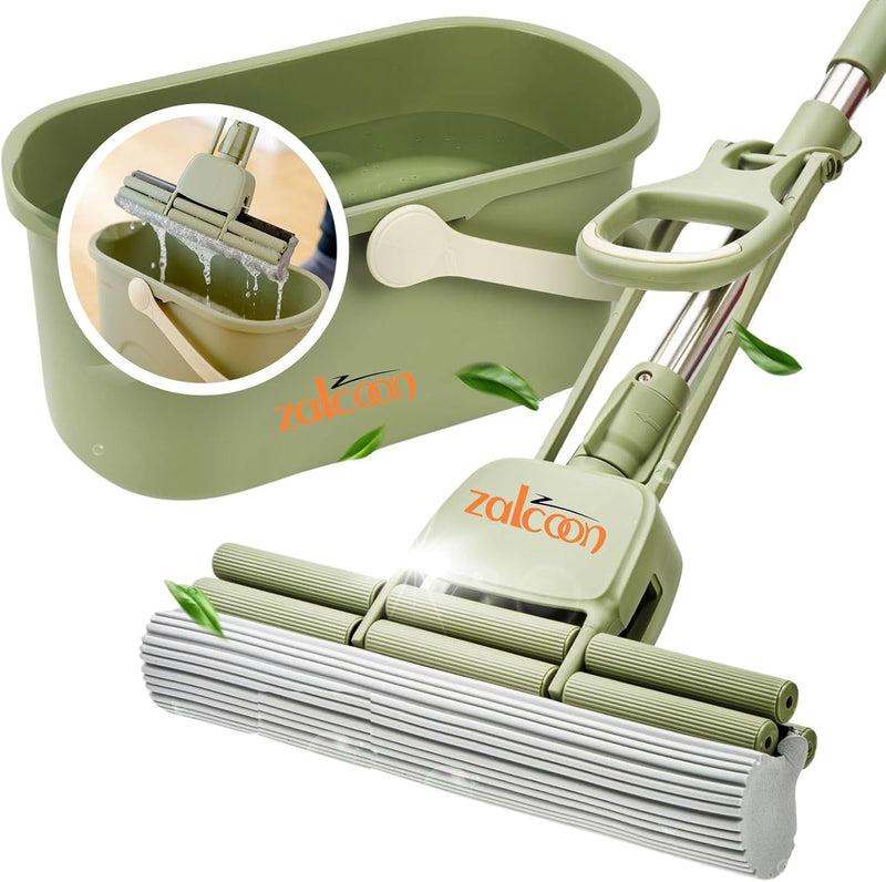 Magic PVA Sponge Roller Self Wringing Easy Squeeze for Wet Mopping Telescoping Household Cleaning Tool for Multi-Surface Hard Floors Extendable Metal Handle - Quadruple Roller