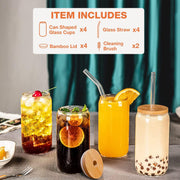 TAPIT Drinking Glasses with Bamboo Lids and Glass Straw, 13.5oz/17oz Beer Can Shaped Glass Cups, Tumbler Cup Ideal For Beer, Tea, Soda, Iced Coffee Include 2 Cleaning Brushes (2pcs,400ml*2)