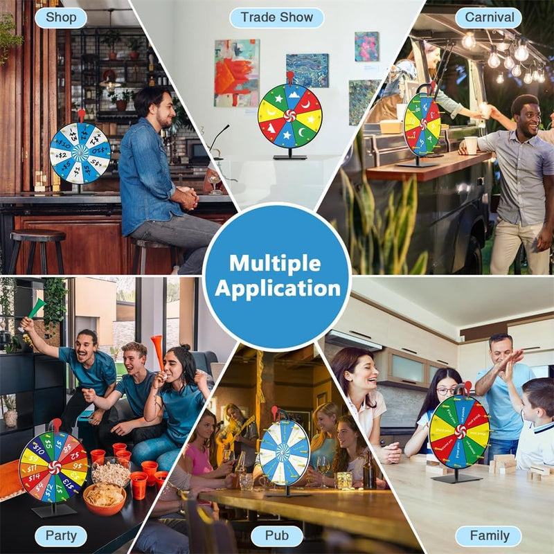 12 Inch Prize Wheel Spinning Game - Carnival Spinner Wheel for Prizes, Fortune Wheel Spinner with Stand, Ruleta de Premios with Dry Erase Marker and Eraser, 10 Options