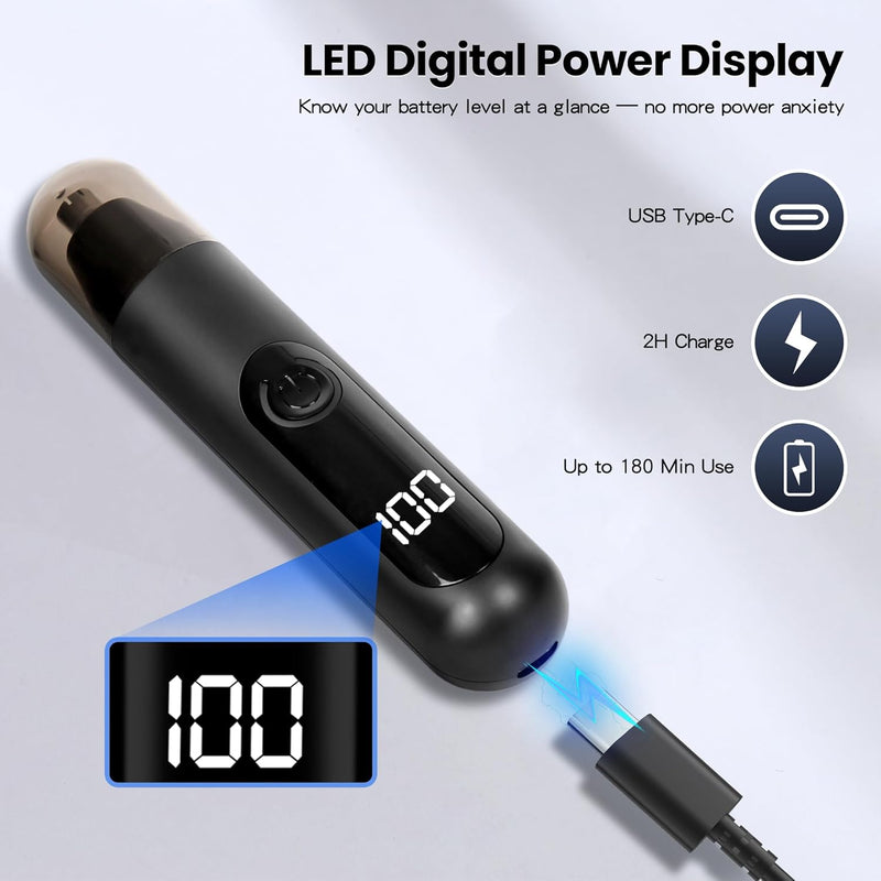 Nose Trimmer for Men Ear Nose Hair Trimmer, Electric Nose Trimmer with LED Display, USB-C, 180min Ultra-Long Battery Life, Easy Cleaning, Wet & Dry Use