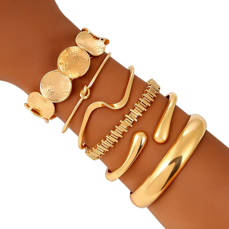 Gold Bangle Bracelets for Women Gold Plated Chunky Cuff Bangle Bracelet Stackable Multi Layer Bangles Fashion Jewelry Set