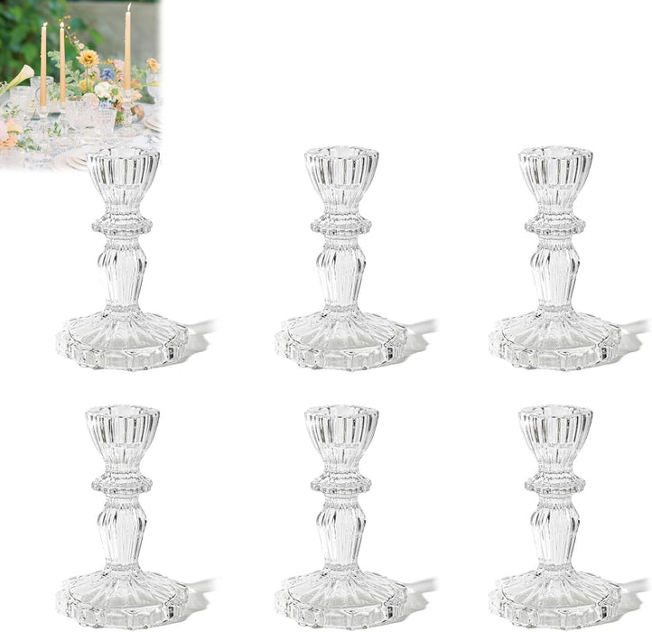 Glass Candlestick Holders Set of 6, Clear Taper Candle Holders, Crystal Decorative Candle Stand Centerpiece for Table Wedding Dinning Party 4 Inch Tall