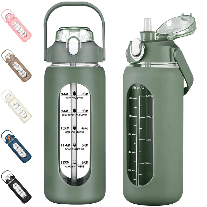 kytffu 56oz Glass Water Bottles with Straw, Motivational Glass Bottle with Silicone Sleeve and Time Marker, Leakproof Large Glass Water Jug for Gym Home Office,Olive